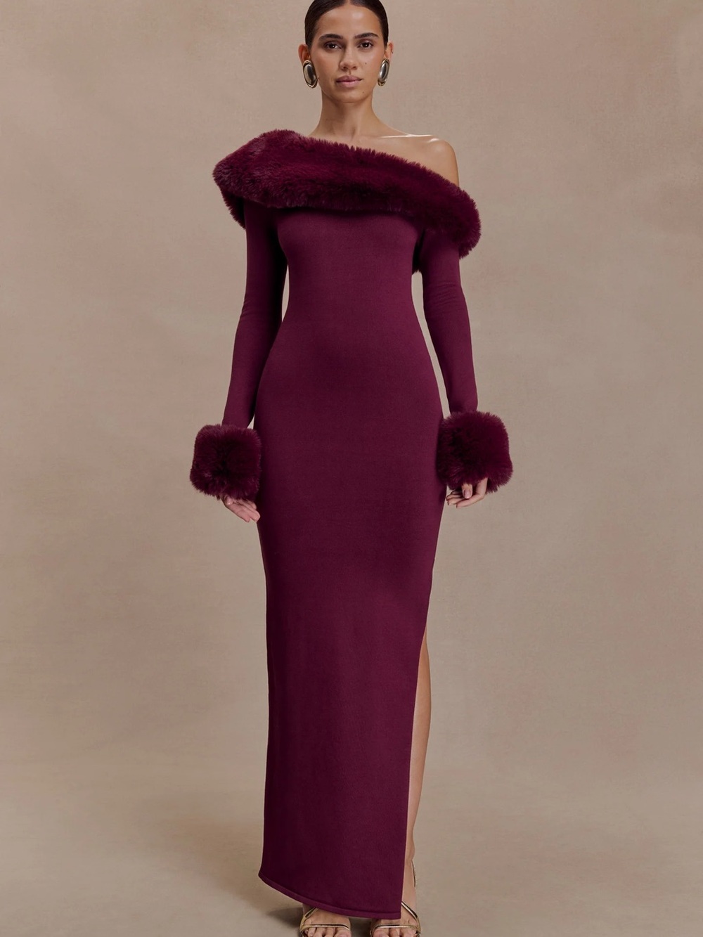 Meshki Burgundy One-Shoulder Faux-Fur Trim Maxi Dress